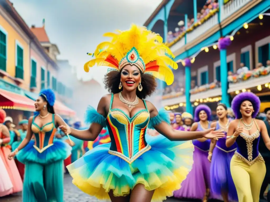 Un vibrante desfile de Carnaval en acuarela, con coloridos carros alegóricos, bailarines y espectadores, capturando la celebración