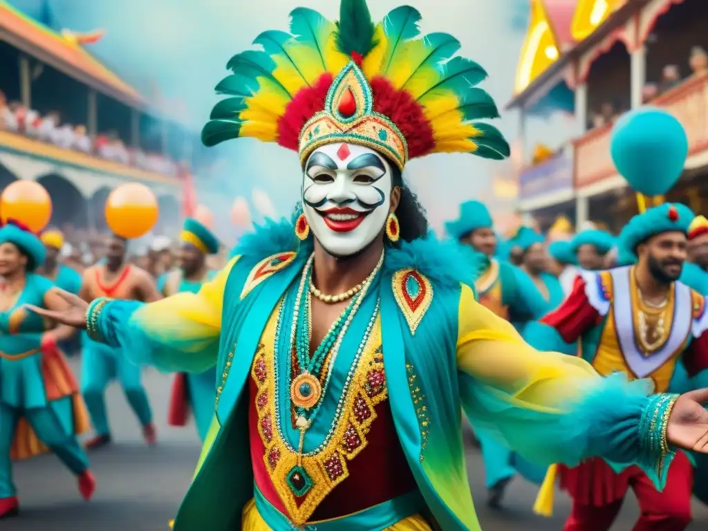 Un vibrante desfile de Carnaval con artistas bailando al ritmo de la música, destacando la riqueza cultural y la alegría