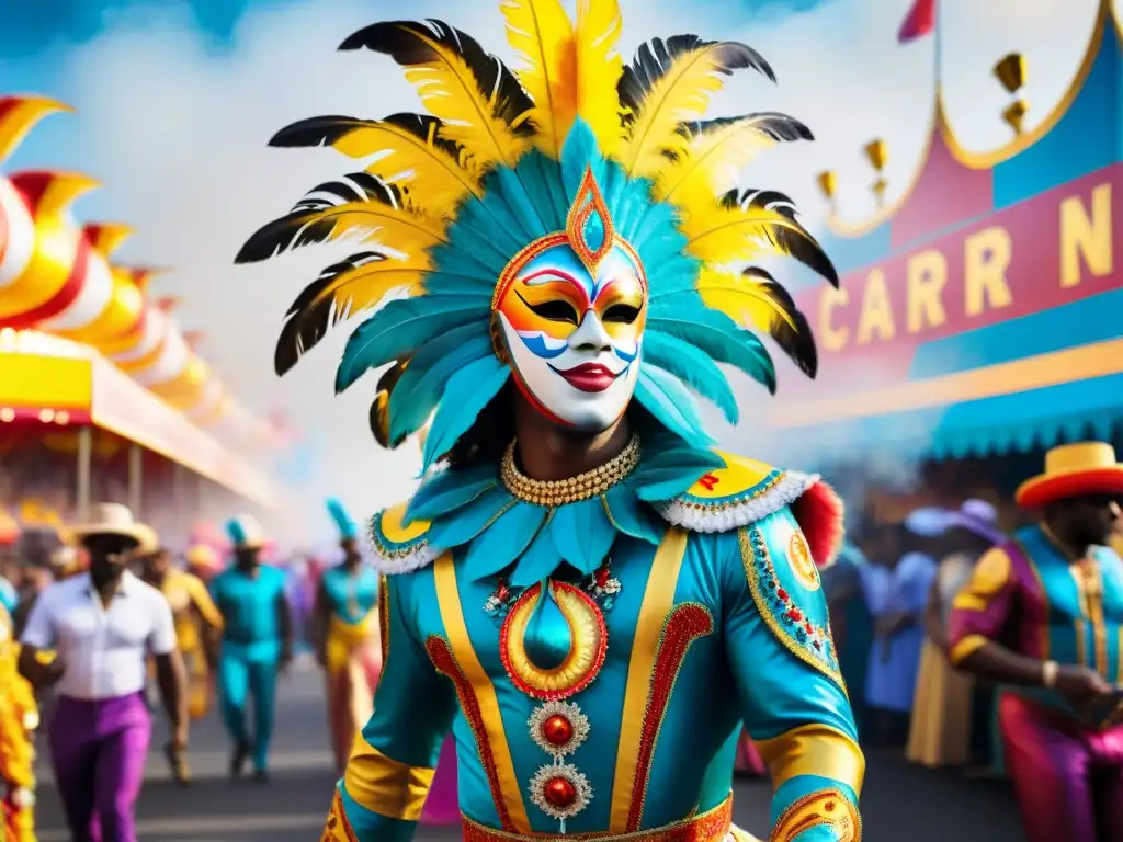 Vibrante desfile de Carnaval, artistas con pintura corporal brillante bajo el sol