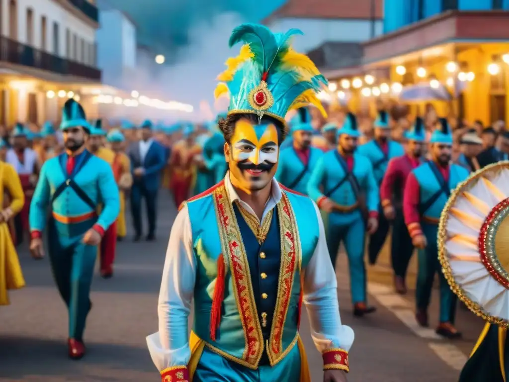 Un vibrante desfile de carnaval en Uruguay, con artistas coloridos y música tradicional