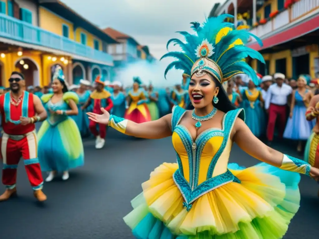 Un vibrante desfile de Carnaval con bailarines y carrozas coloridas