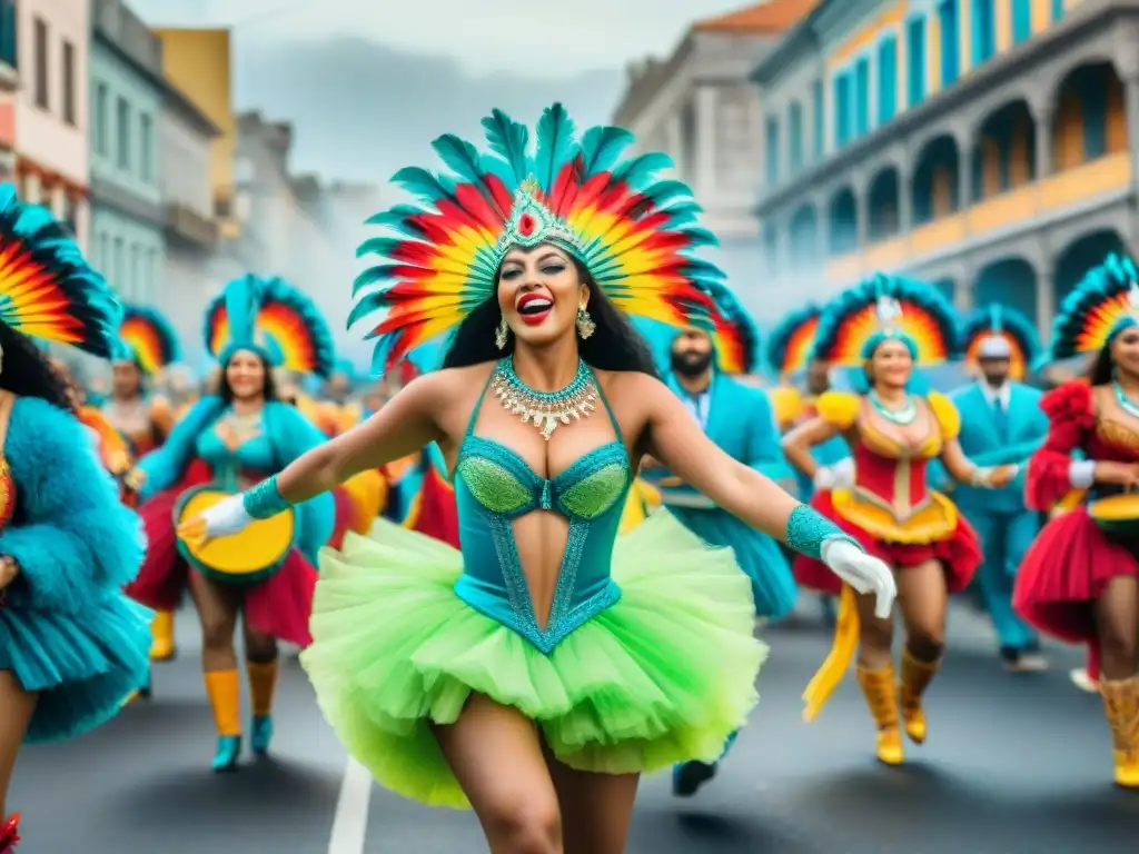 Vibrante desfile de Carnaval en Uruguay con bailarines y músicos en trajes coloridos