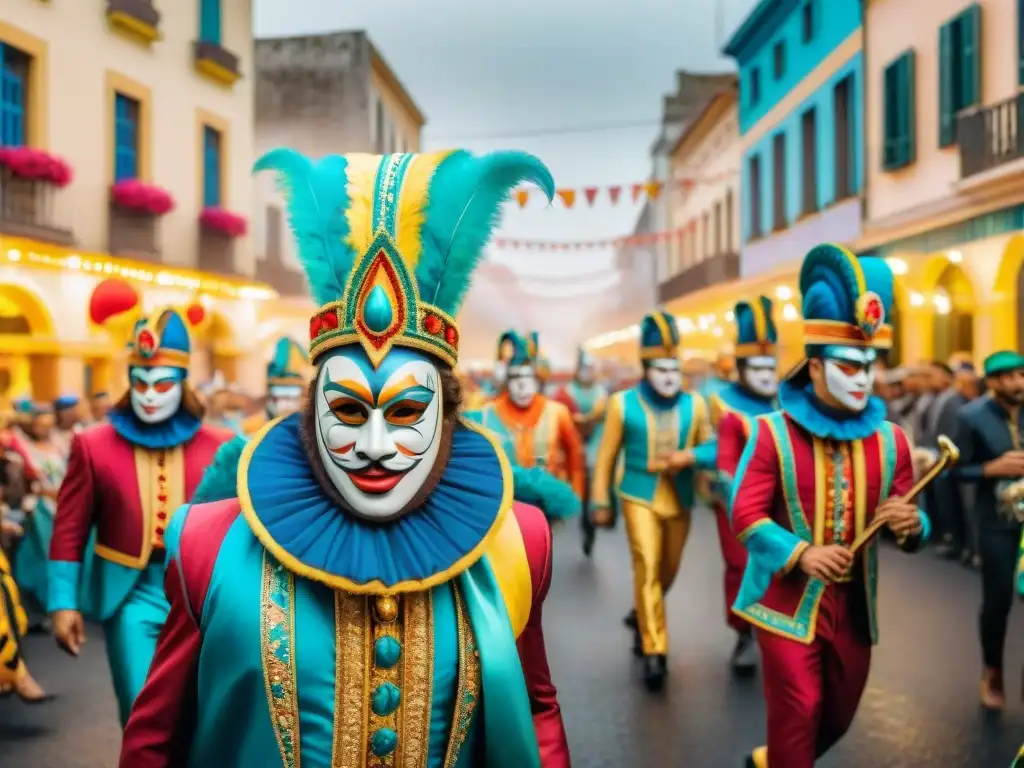 Un vibrante desfile de carnaval en Uruguay con bailarines, músicos y espectadores animados