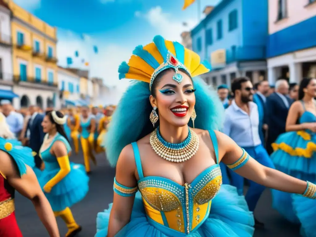 Un vibrante desfile de Carnaval en Uruguay: bailarines coloridos, bandas de música tradicional y espectadores alegres bajo un cielo azul