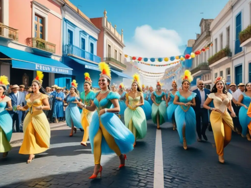 Un vibrante desfile de Carnaval en Uruguay con bailarines y músicos, conexiones duraderas Carnaval Uruguayo