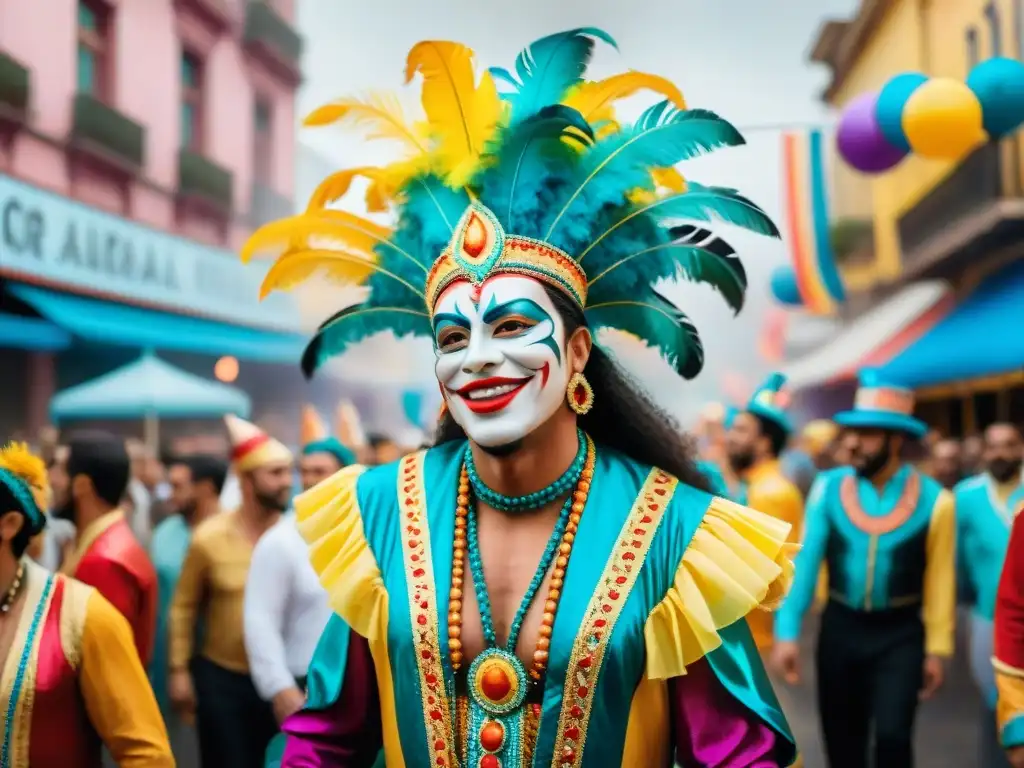 Un vibrante desfile de Carnaval en Uruguay: carros alegóricos, bailarines y espectadores, capturando la esencia de la festividad