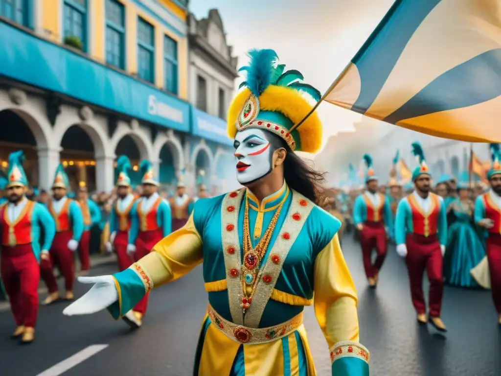 Un vibrante desfile de Carnaval en Uruguay con bailarines, música y carros decorados