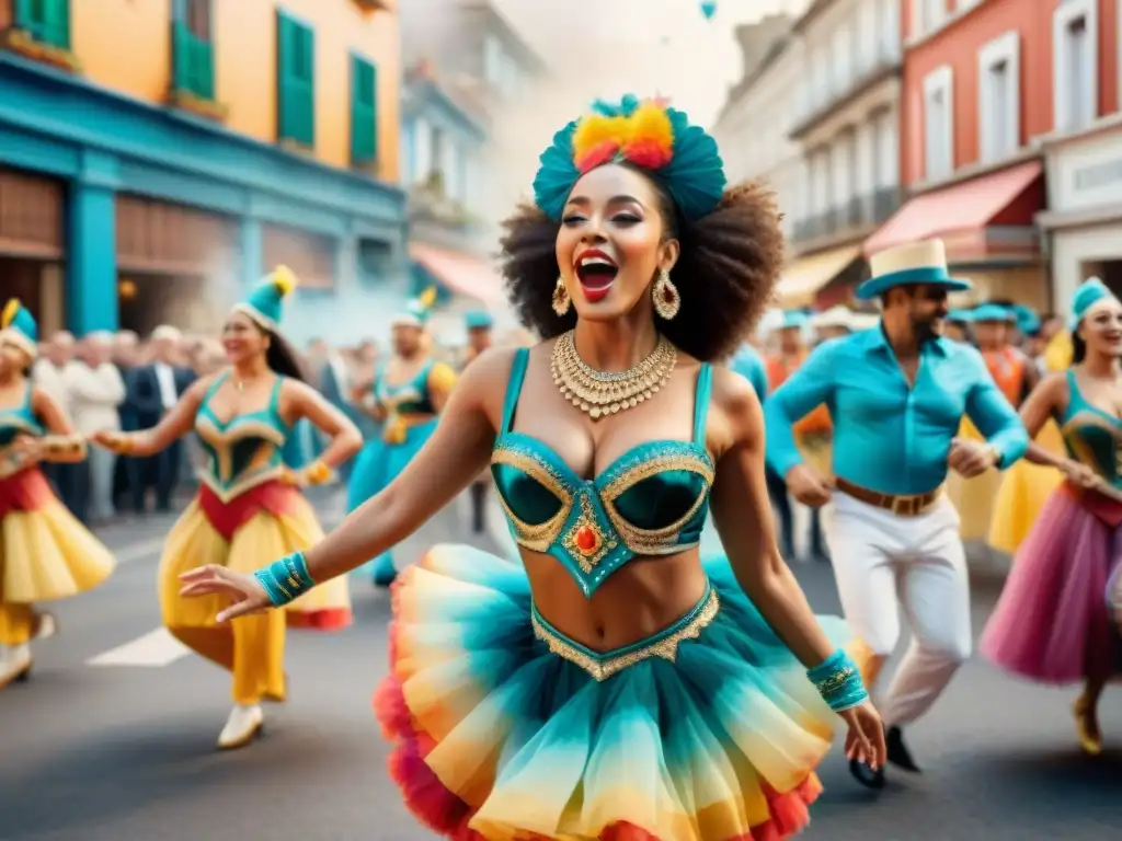 Un vibrante desfile de Carnaval en Uruguay con bailarines coloridos afrontando el agotamiento físico