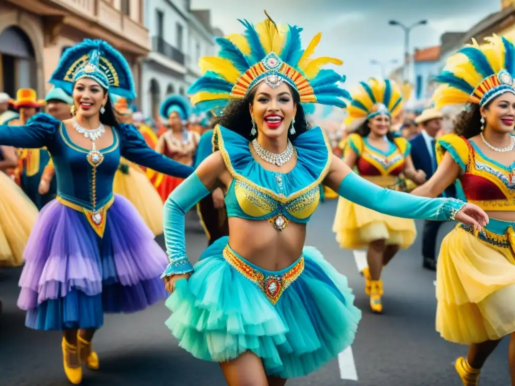 Vibrante desfile de Carnaval en Uruguay con bailarines y música afrontar agotamiento físico Carnaval Uruguayo