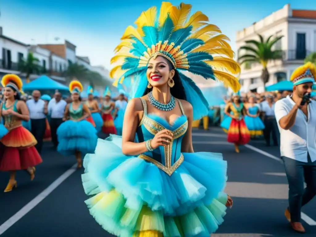 Un vibrante desfile de Carnaval en Uruguay con bailarines, músicos y coloridas carrozas