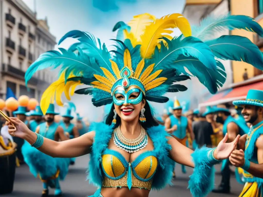 Un vibrante desfile de Carnaval en Montevideo, Uruguay, con bailarines y máscaras coloridas