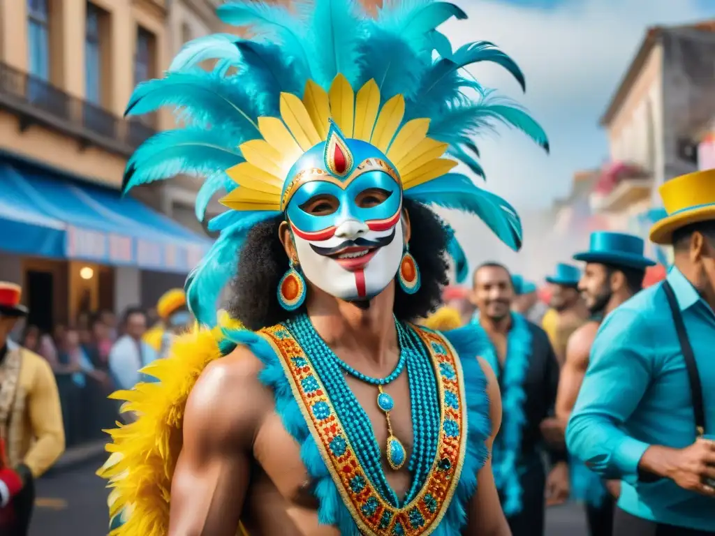 Vibrante desfile de Carnaval en Uruguay, con bailarines coloridos y espectadores alegres