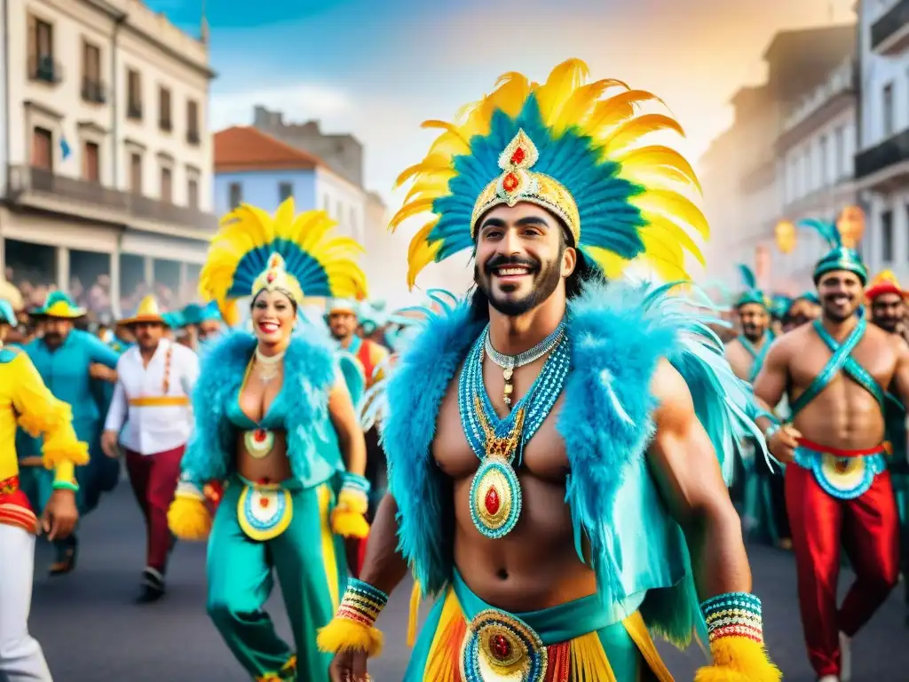 Vibrante desfile de Carnaval en Uruguay: bailarines coloridos, música alegre y edificios tradicionales