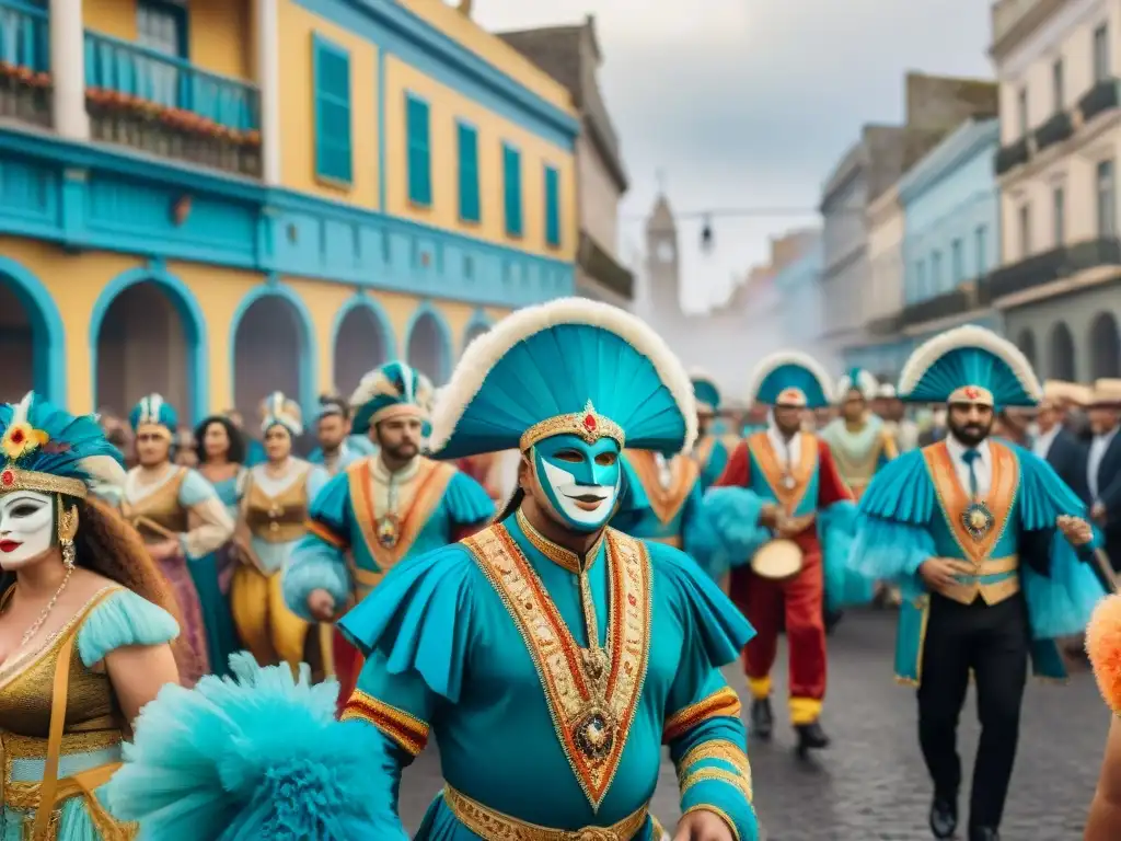 Un vibrante desfile de Carnaval en Uruguay, con bailarines y máscaras coloridas en un escenario colonial