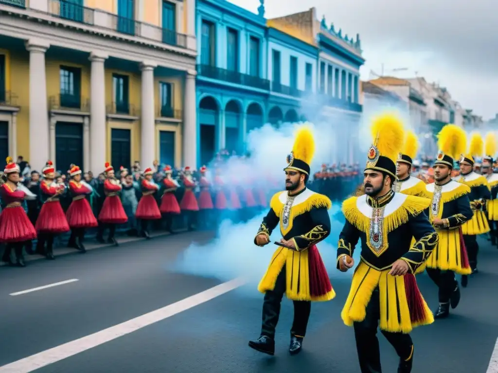 Un vibrante desfile de Carnaval en Uruguay con bailarines y tambores, enmarcados por la arquitectura de Montevideo