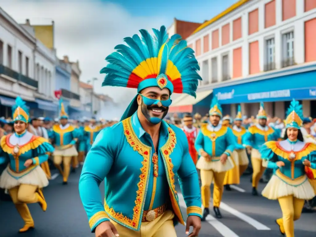 Vibrante desfile de carnaval en Uruguay, con bailarines y carrozas coloridas, reflejando la energía del Calendario eventos Carnaval Uruguayo