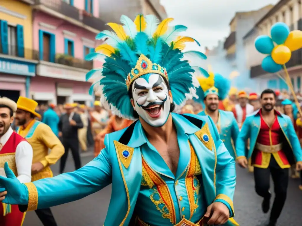 Vibrante desfile de Carnaval en Uruguay con bailarines y carrozas, Ruta del tambor Carnaval Uruguayo