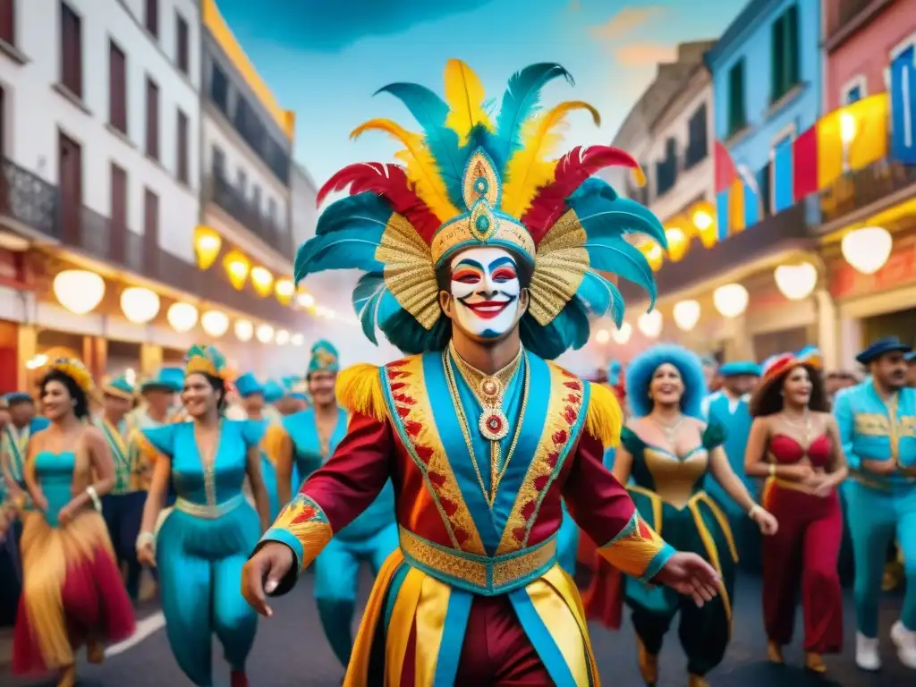 Vibrante desfile de Carnaval en Uruguay con bailarines y carrozas decoradas