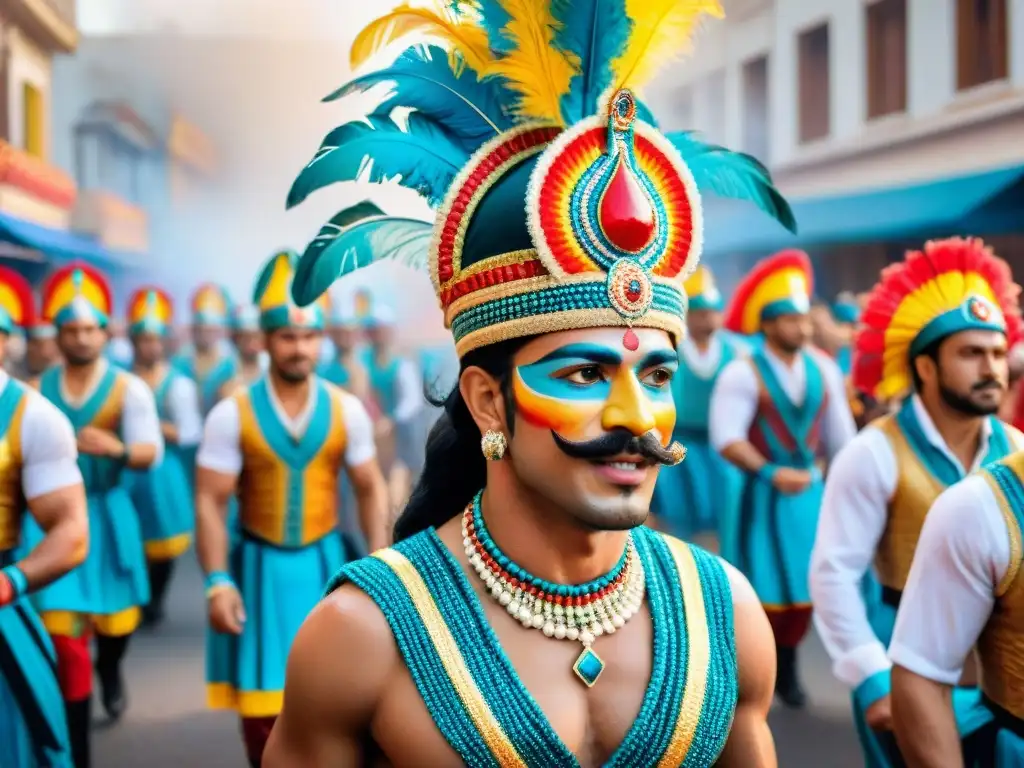 Un vibrante desfile de Carnaval en Uruguay con bailarines y carros coloridos