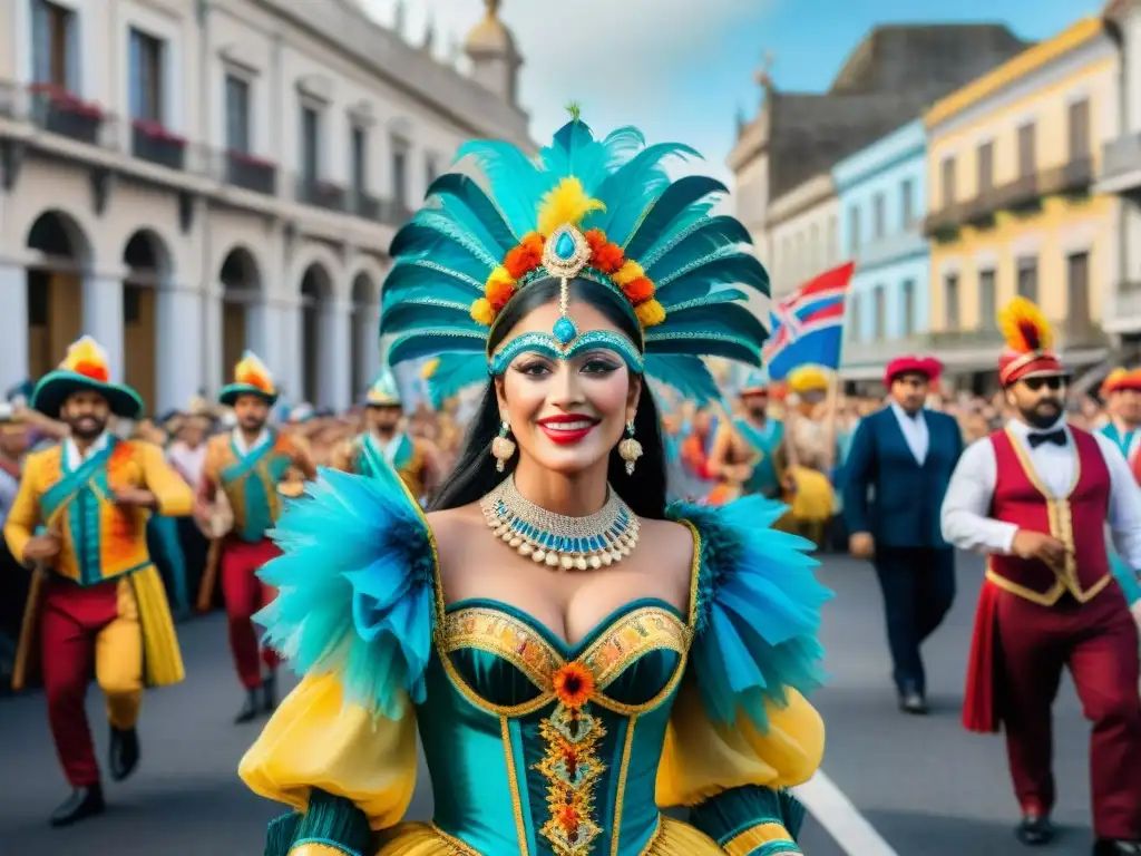 Un vibrante desfile de Carnaval en Uruguay, con bailarines y músicos en trajes coloridos