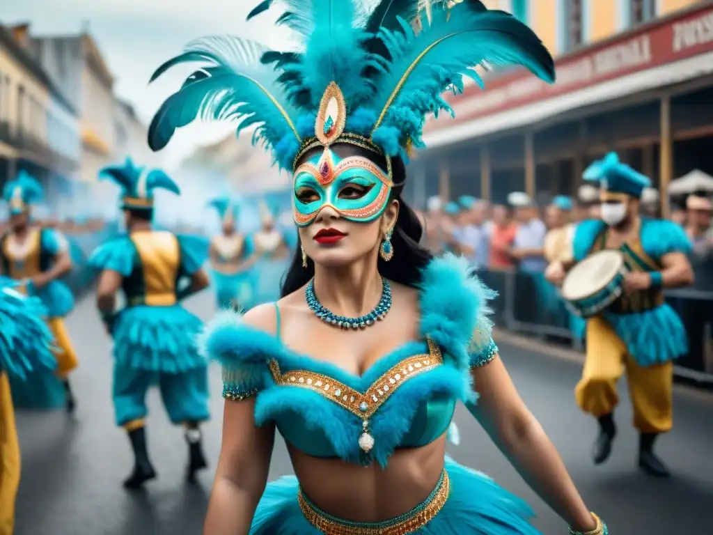 Un vibrante desfile de carnaval en Uruguay con bailarines y músicos en trajes tradicionales