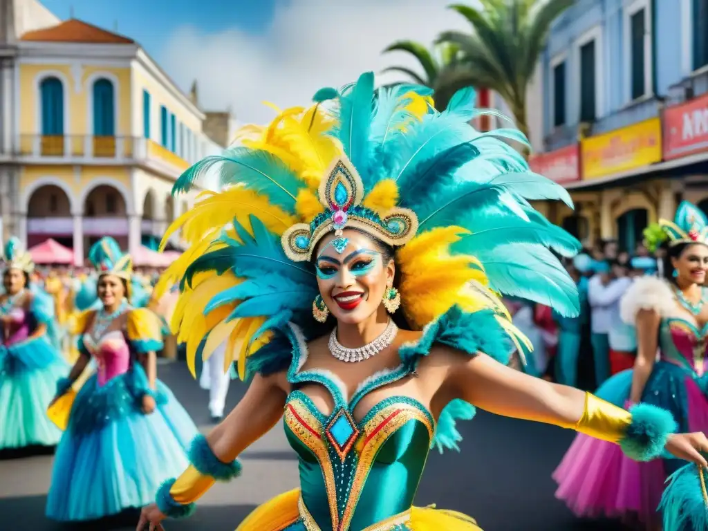 Vibrante desfile de carnaval en Uruguay con bailarines y carrozas coloridas