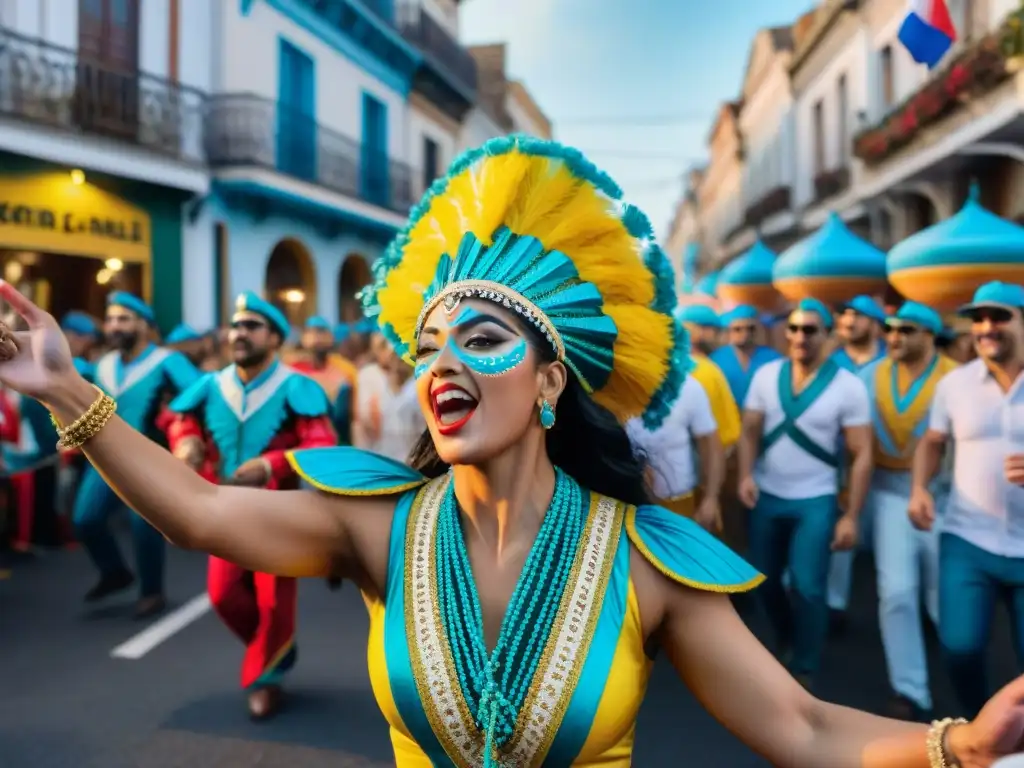 Vibrante desfile de Carnaval en Uruguay con bandas y floats detallados, creando un impacto económico en la comunidad