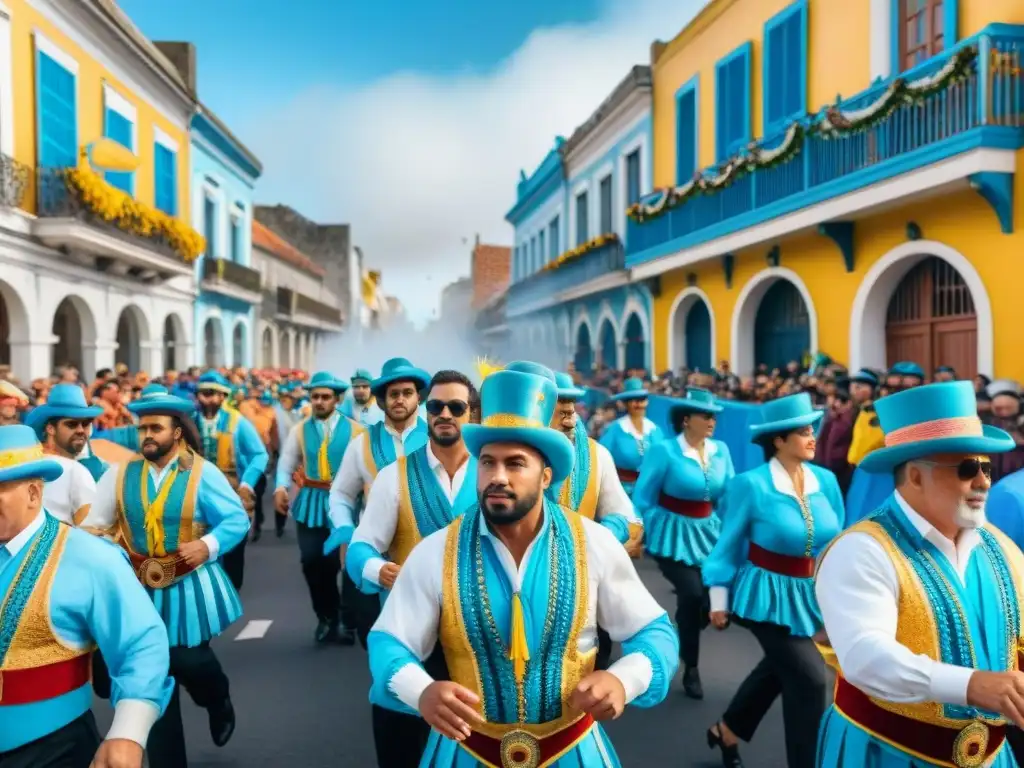 Un vibrante desfile de Carnaval en Uruguay capturado en acuarela, con música y alegría en las calles