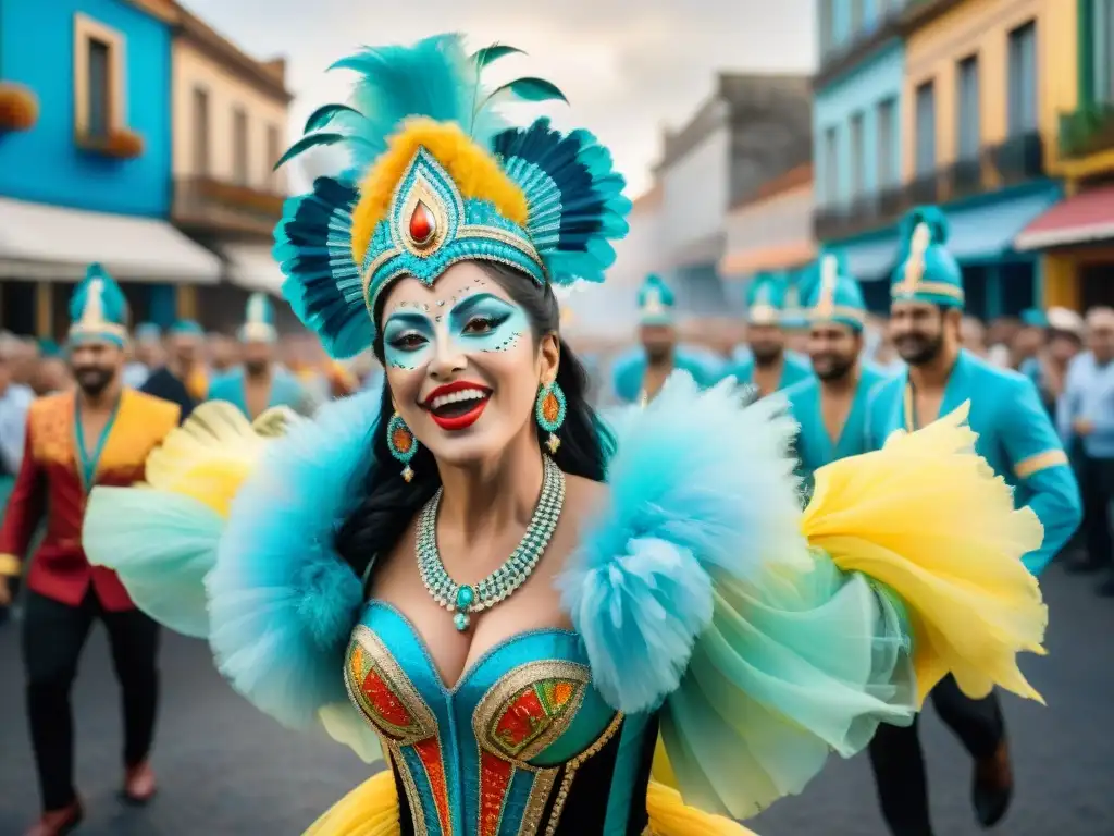 Un vibrante desfile de Carnaval en Uruguay, capturado en una intrincada acuarela