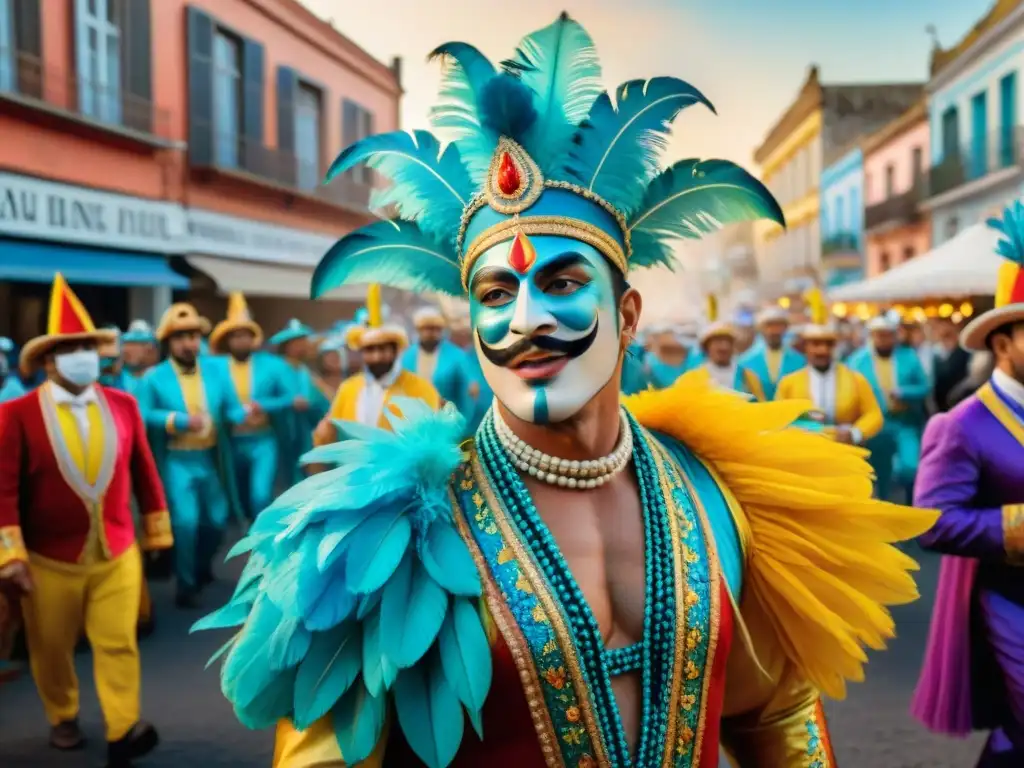 Un vibrante desfile de Carnaval en Uruguay capturado en una pintura acuarela, mostrando la tradición y la festividad con coloridos trajes y danzas