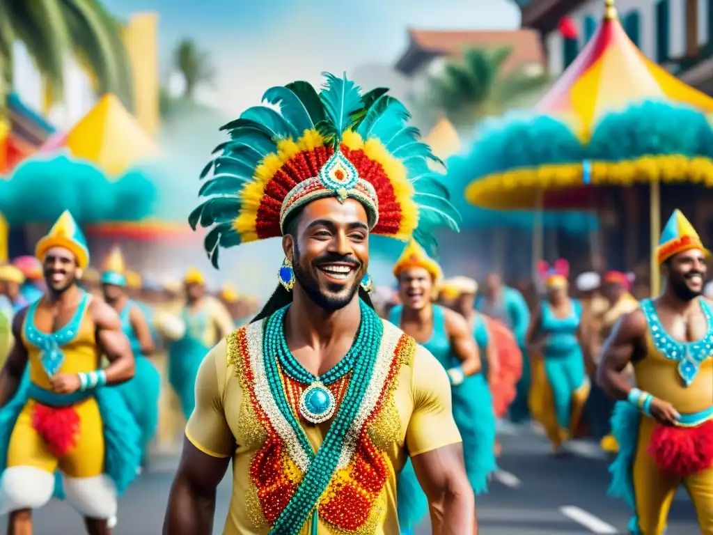 Un vibrante desfile de Carnaval con carros alegóricos, bailarines y música festiva