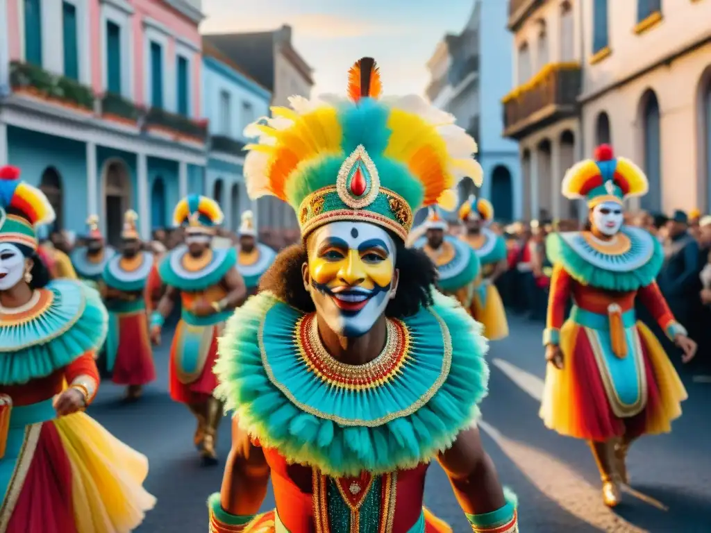 Un vibrante desfile de Carnaval en Uruguay con carrozas, trajes coloridos y una multitud animada