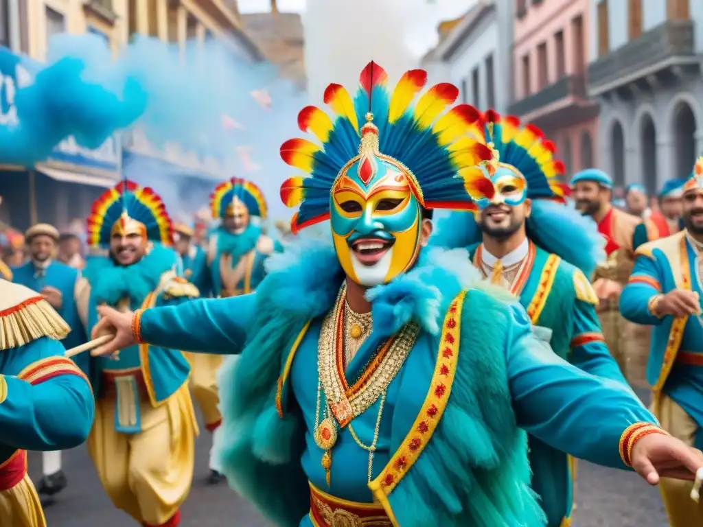 Un vibrante desfile de Carnaval en Uruguay con carrozas, bailarines y música, capturando la esencia festiva