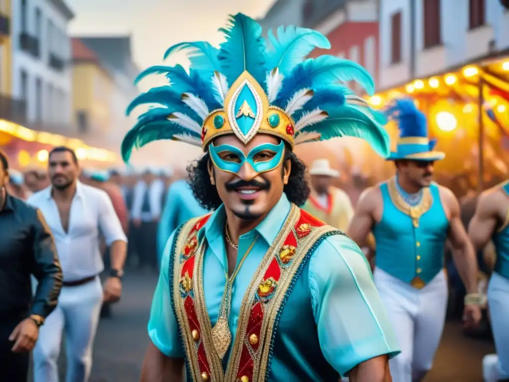 Un vibrante desfile de carnaval en Uruguay con carrozas coloridas, bailarines y espectadores animados