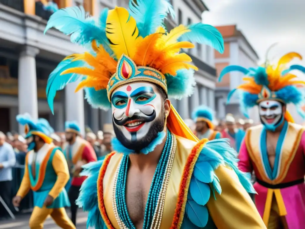 Vibrante ilustración acuarela del desfile de Carnaval en Uruguay, con carrozas y trajes coloridos