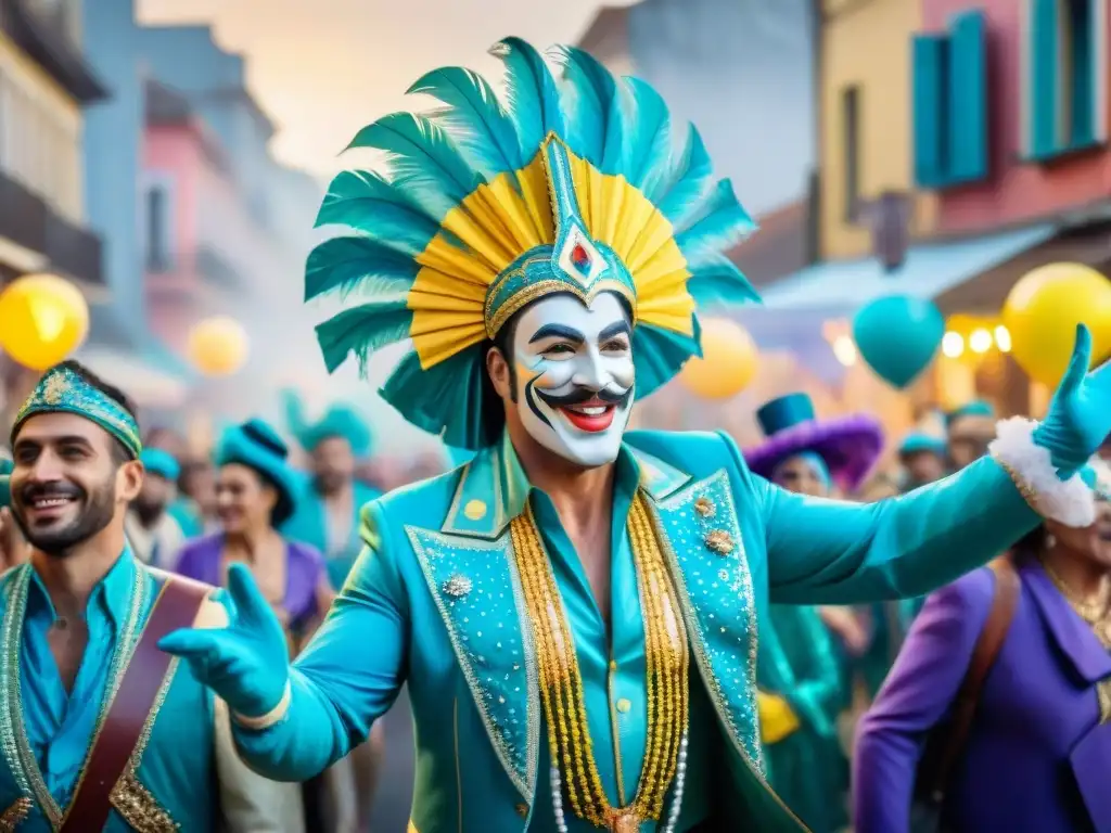 Un vibrante desfile de Carnaval en Uruguay con carrozas recicladas y coloridos trajes, destacando el reciclaje en el Carnaval Uruguayo