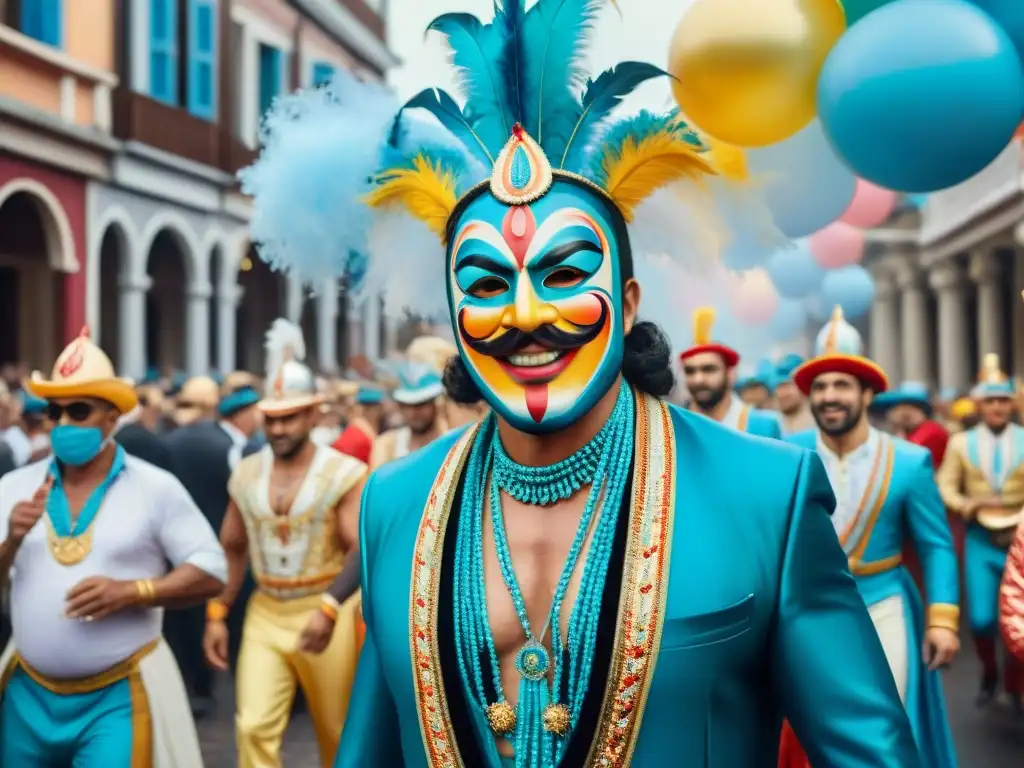 Un vibrante desfile de Carnaval en Uruguay, con carrozas coloridas y danzarines en trajes elaborados