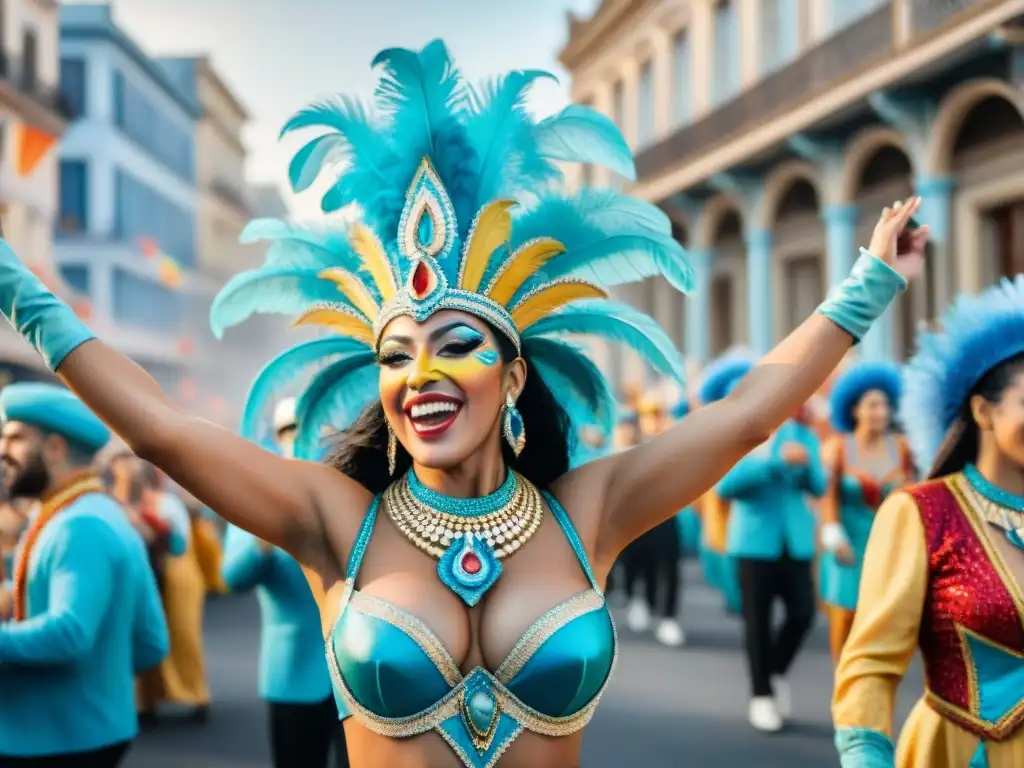 Vibrante desfile de carnaval en Uruguay con carrozas coloridas, personas bailando y confeti