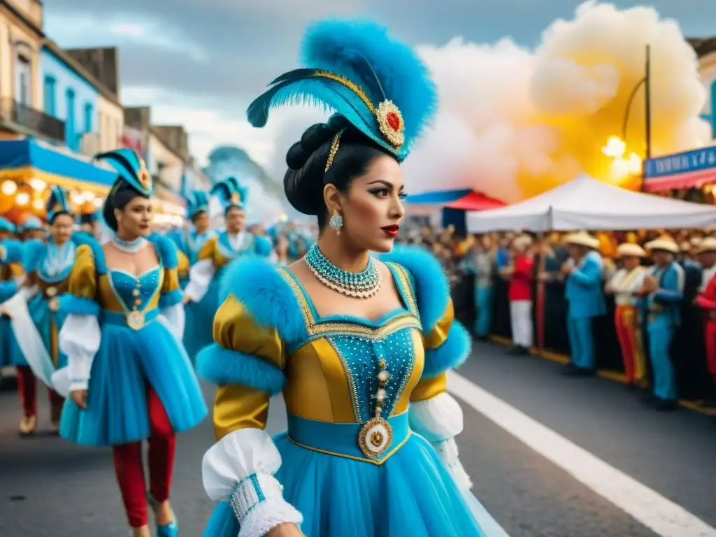 Vibrante desfile de carnaval en Uruguay con chefs preparando platillos tradicionales