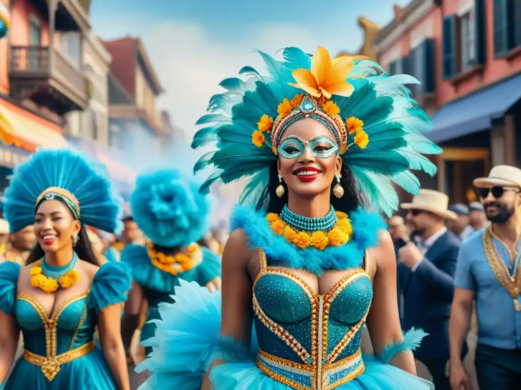 Un vibrante desfile de Carnaval en la ciudad, con carrozas detalladas y danzarines en trajes llamativos