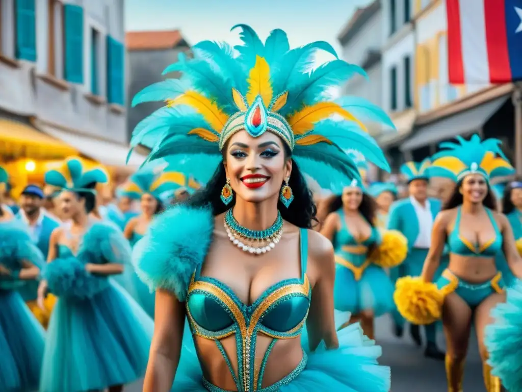 Deslumbrante Carnaval en Uruguay: colores, danzas y alegría Un vibrante desfile de Carnaval en Uruguay, con coloridas carrozas y bailarines en trajes elaborados