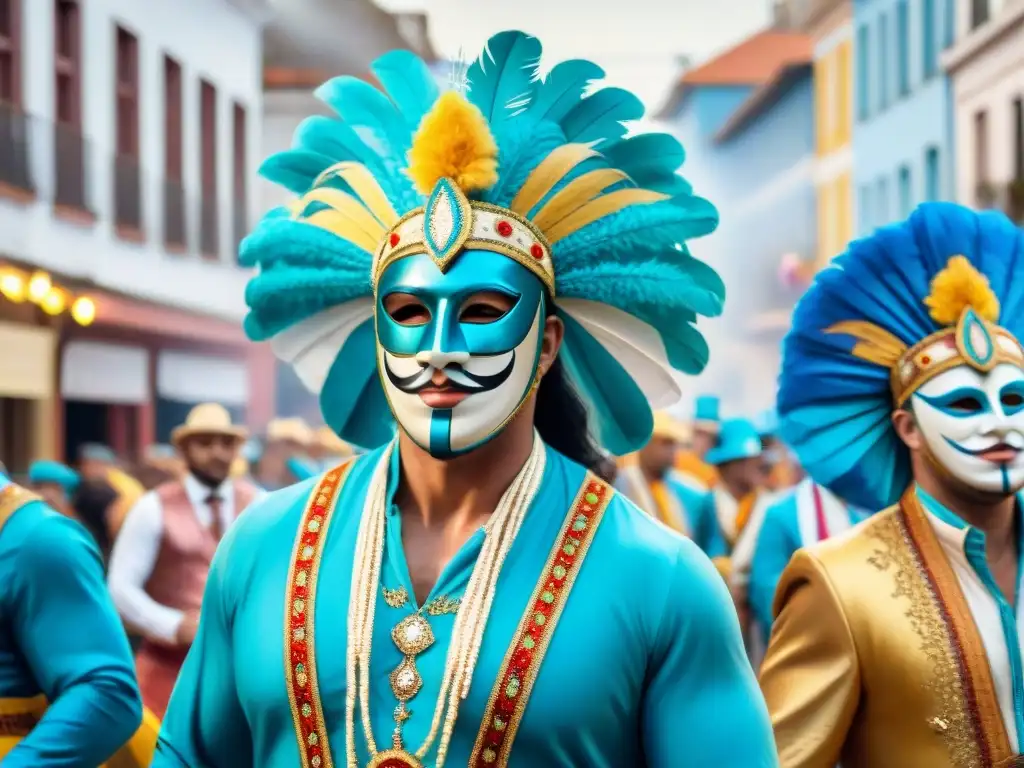 Vibrante desfile de Carnaval en Uruguay, con coloridos trajes y música tradicional