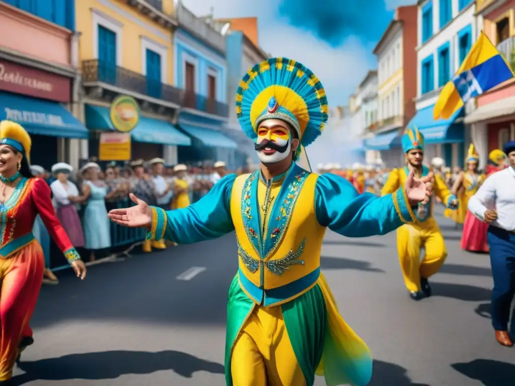 Vibrante desfile de carnaval en Uruguay, con coloridos trajes y carrozas