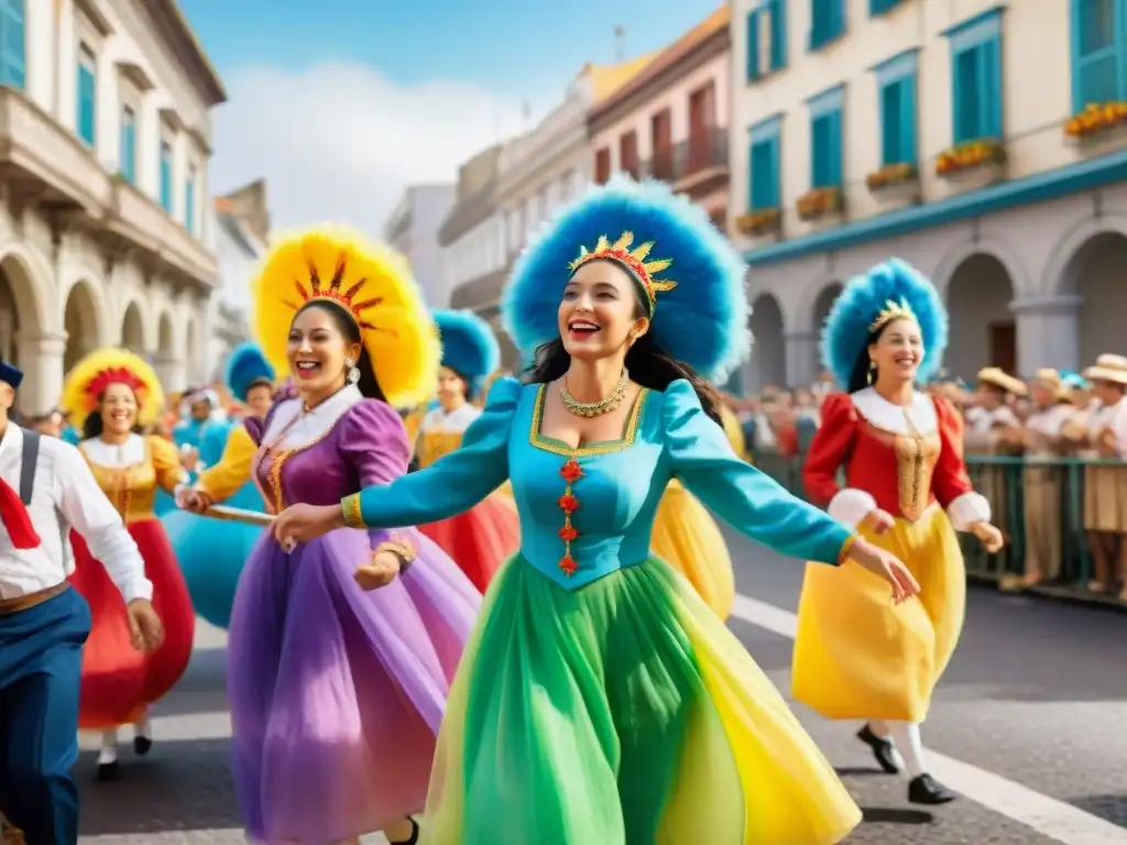 Un vibrante desfile de Carnaval en Uruguay con niños en coloridos trajes tradicionales, celebrando con alegría y diversión