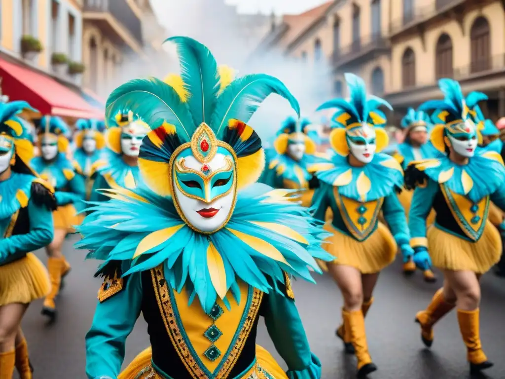 Vibrante desfile de Carnaval en Uruguay, coloridos trajes y bailes