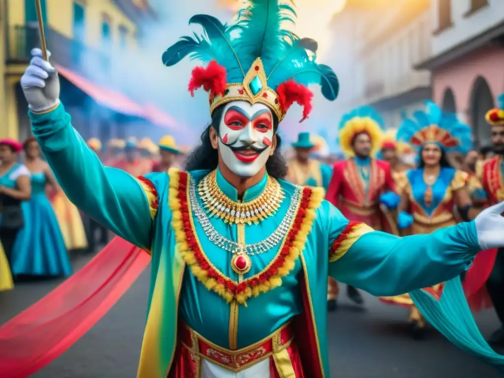 Vibrante desfile de Carnaval en Uruguay, con coloridos trajes y música alegre