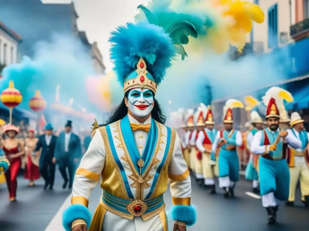 Un vibrante desfile de carnaval en Uruguay, con coloridos grupos reconocidos internacionalmente