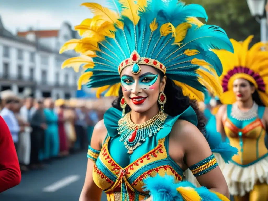 Un vibrante desfile de Carnaval en Uruguay, con coloridos trajes y carrozas