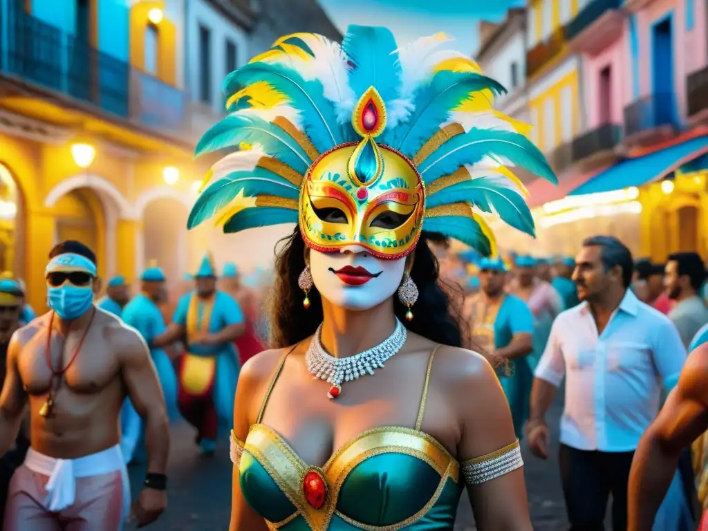 Un vibrante desfile de Carnaval en Uruguay, con coloridos trajes y música tradicional