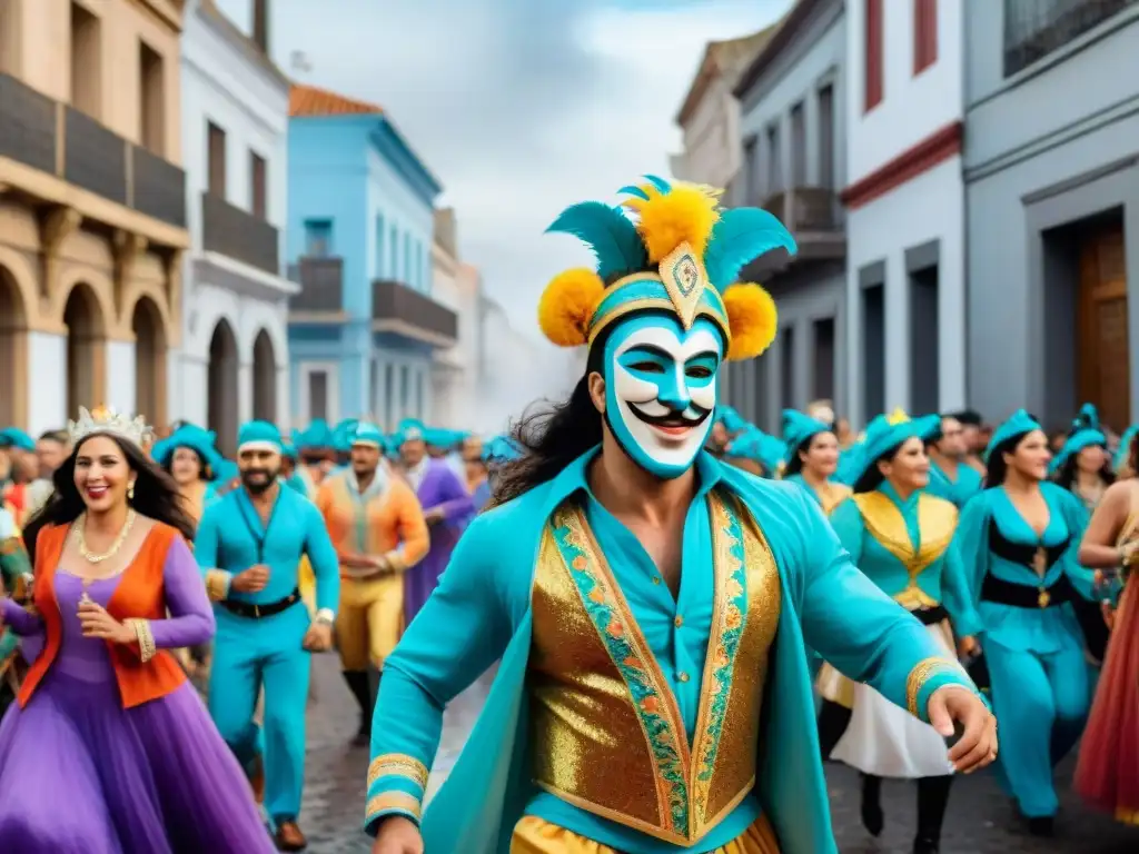 Vibrante desfile de Carnaval en Uruguay con coloridos trajes y música tradicional